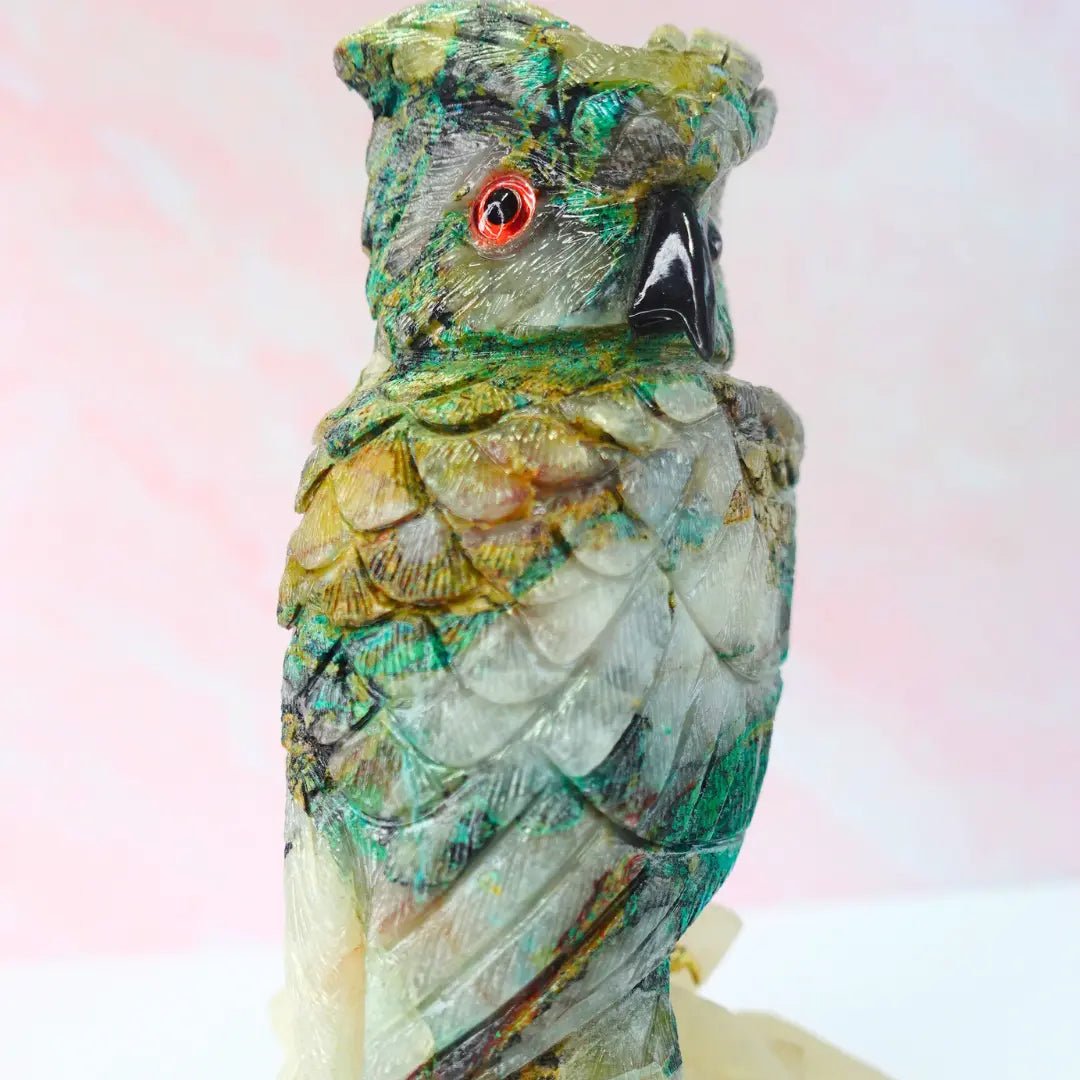 Quantum Quattro Crystal Owl Figurine on Clear Quartz Base - Amethyst Goddess