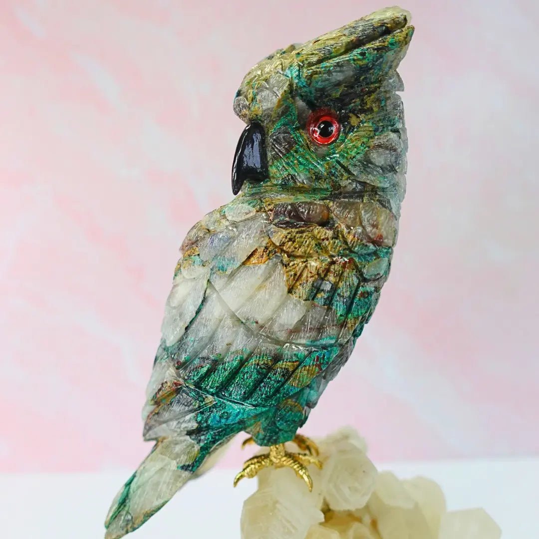 Quantum Quattro Crystal Owl Figurine on Clear Quartz Base - Amethyst Goddess