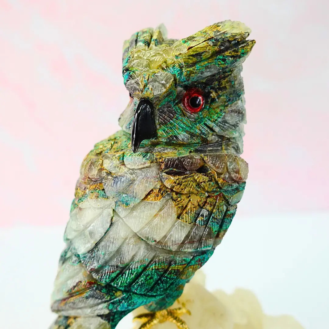 Quantum Quattro Crystal Owl Figurine on Clear Quartz Base,4