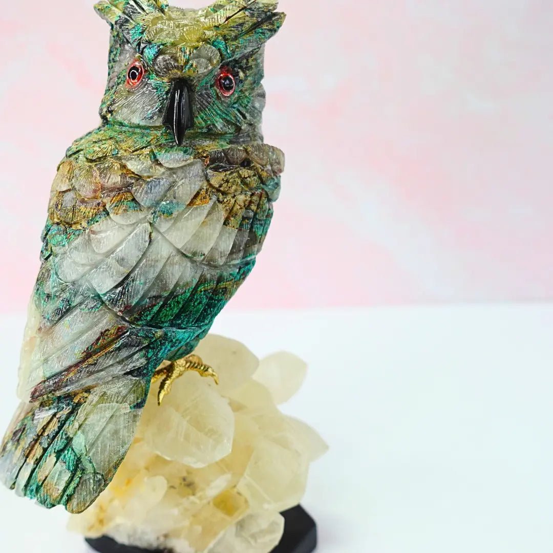 Quantum Quattro Crystal Owl Figurine on Clear Quartz Base - Amethyst Goddess