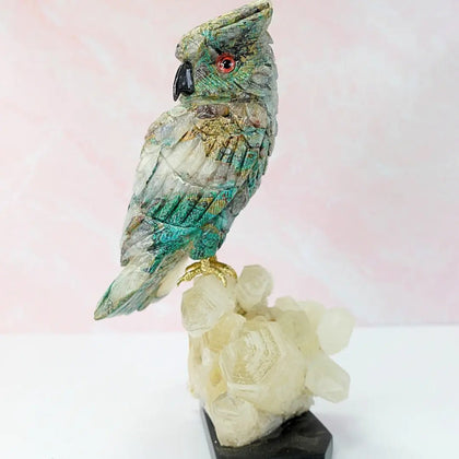 Quantum Quattro Crystal Owl Figurine on Clear Quartz Base - Amethyst Goddess
