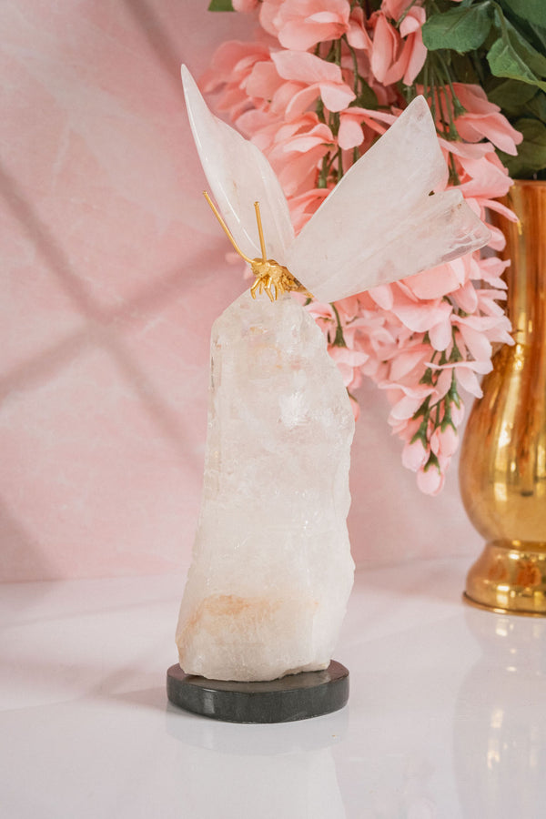 Rose Quartz Butterfly on Quartz Base