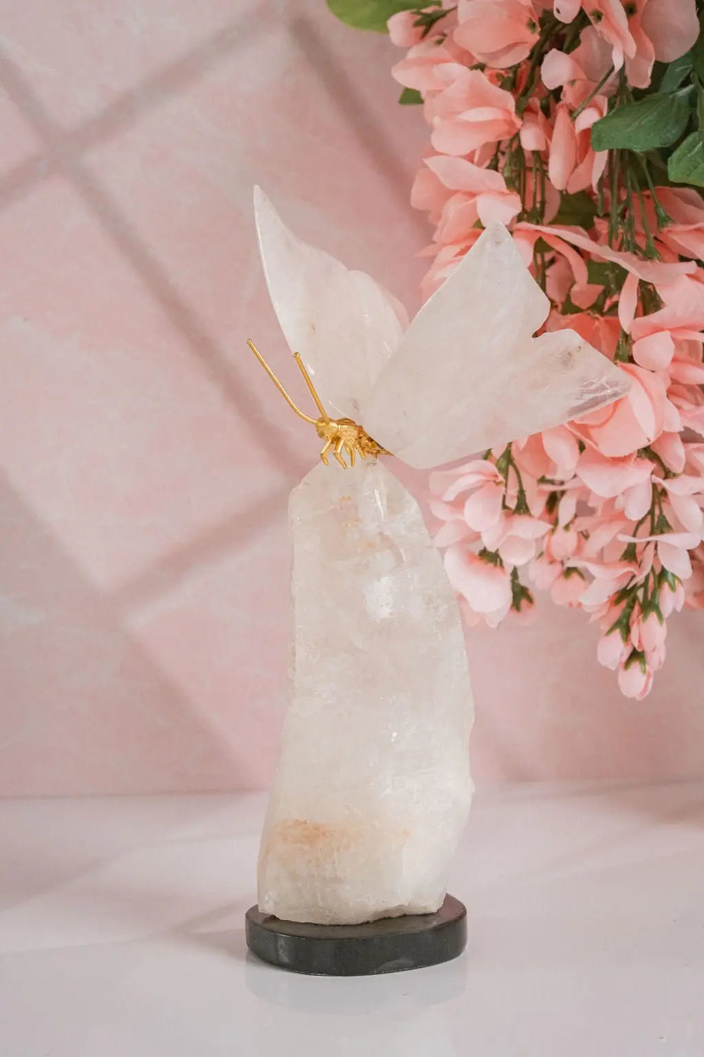 Rose Quartz Butterfly on Quartz Base - Amethyst Goddess