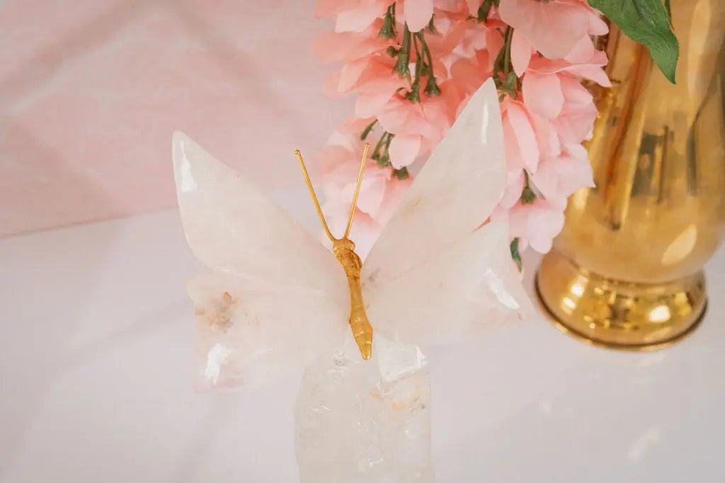 Rose Quartz Butterfly on Quartz Base - Amethyst Goddess