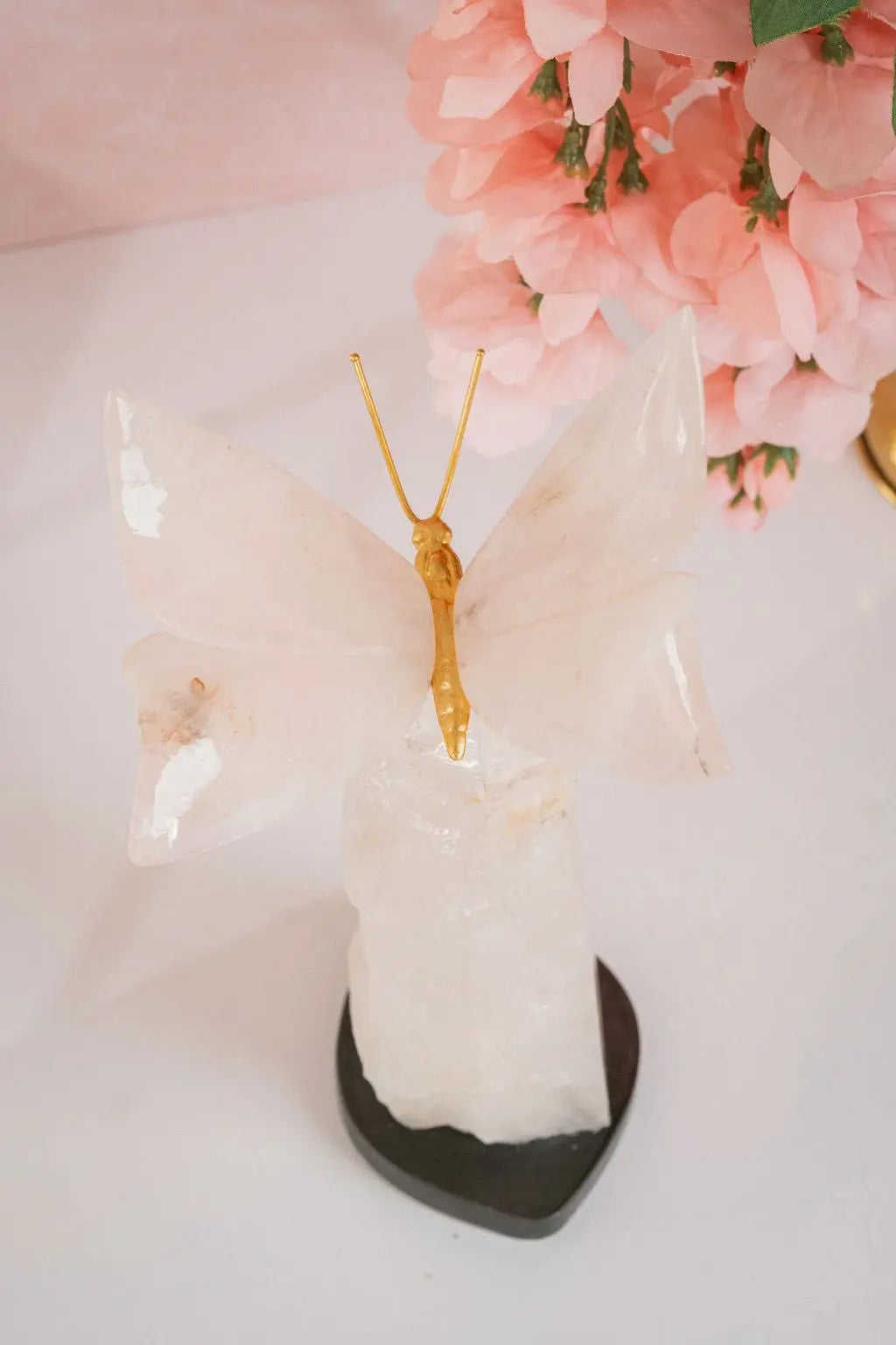 Rose Quartz Butterfly on Quartz Base - Amethyst Goddess