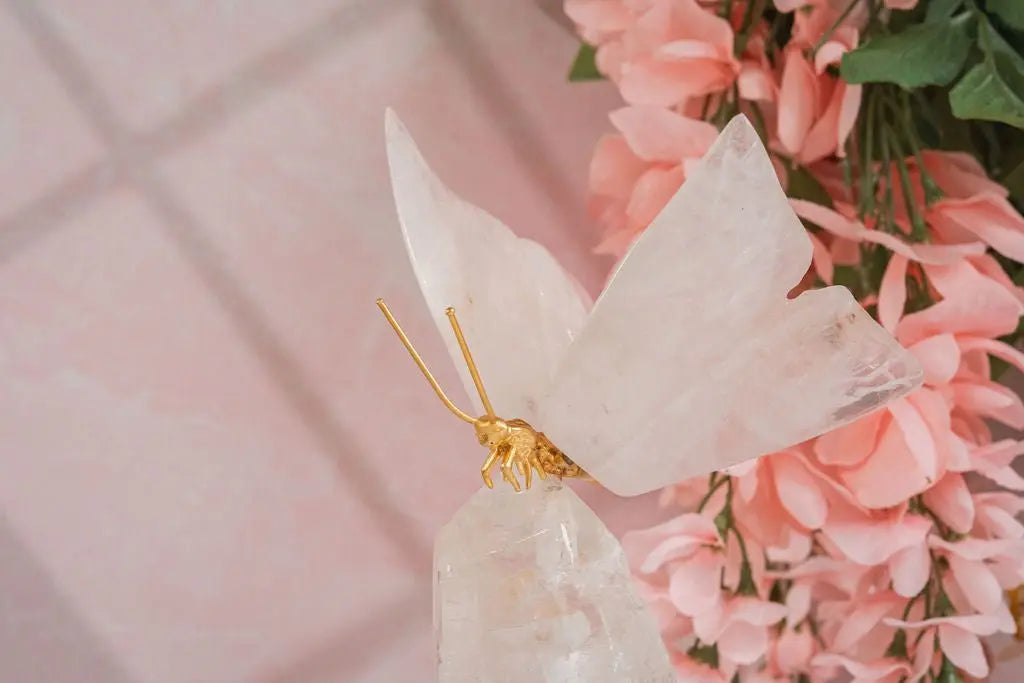 Rose Quartz Butterfly on Quartz Base - Amethyst Goddess