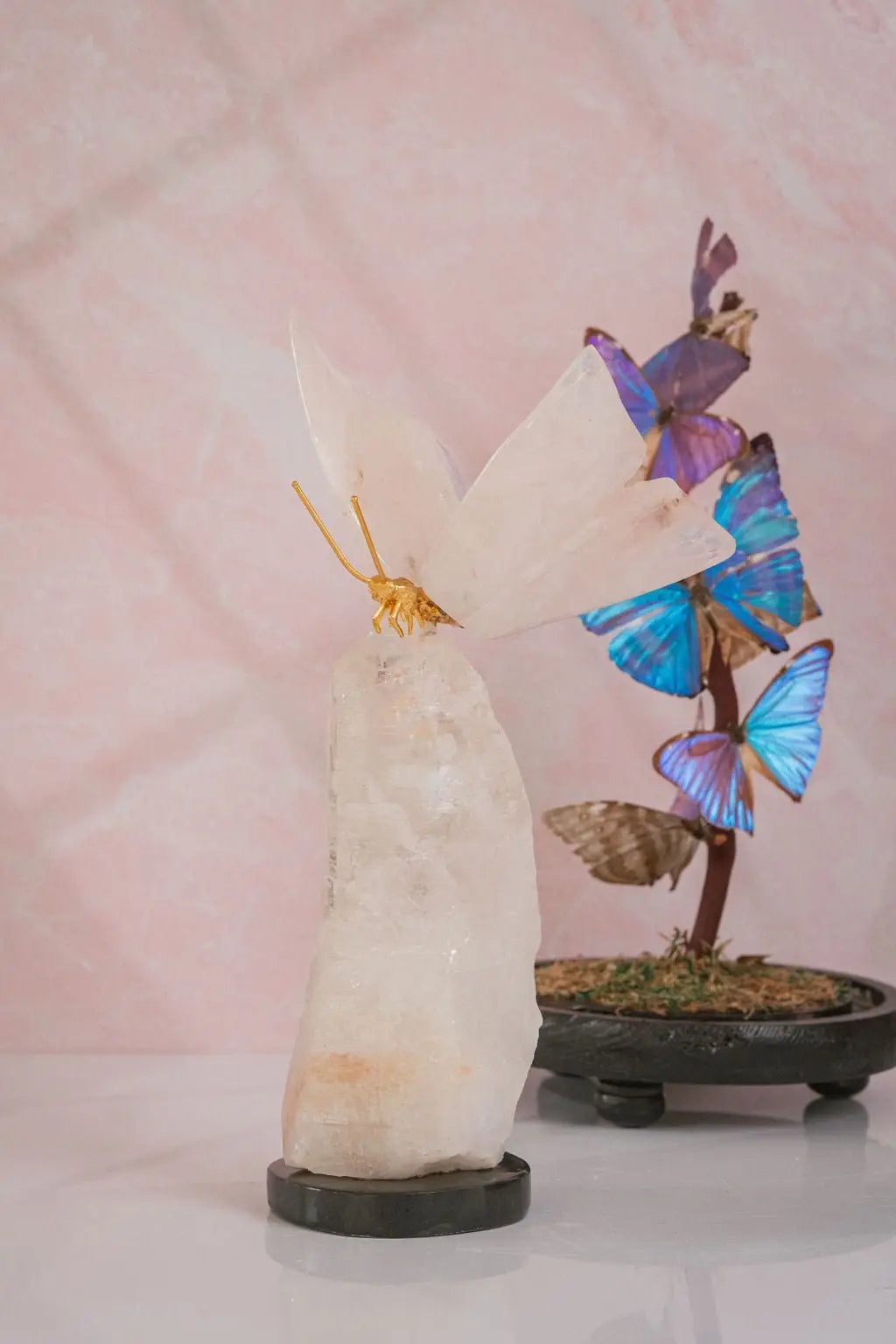 Rose Quartz Butterfly on Quartz Base - Amethyst Goddess