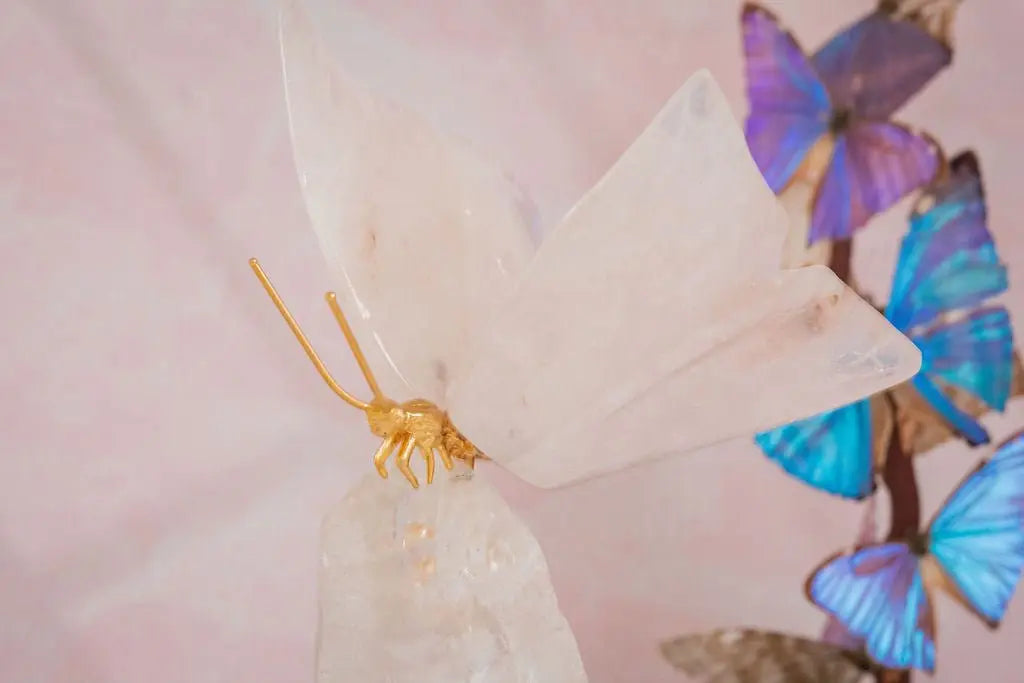 Rose Quartz Butterfly on Quartz Base - Amethyst Goddess