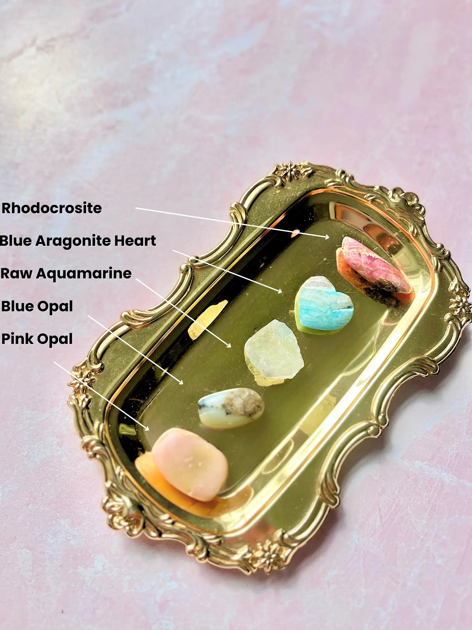 Serenity Tumblestone Mini Set: Pink & Blue Opal with Blue Aragonite Heart and Raw Aquamarine 