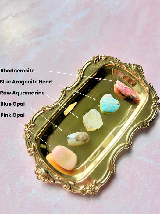 Serenity Tumblestone Mini Set: Pink & Blue Opal with Blue Aragonite Heart and Raw Aquamarine