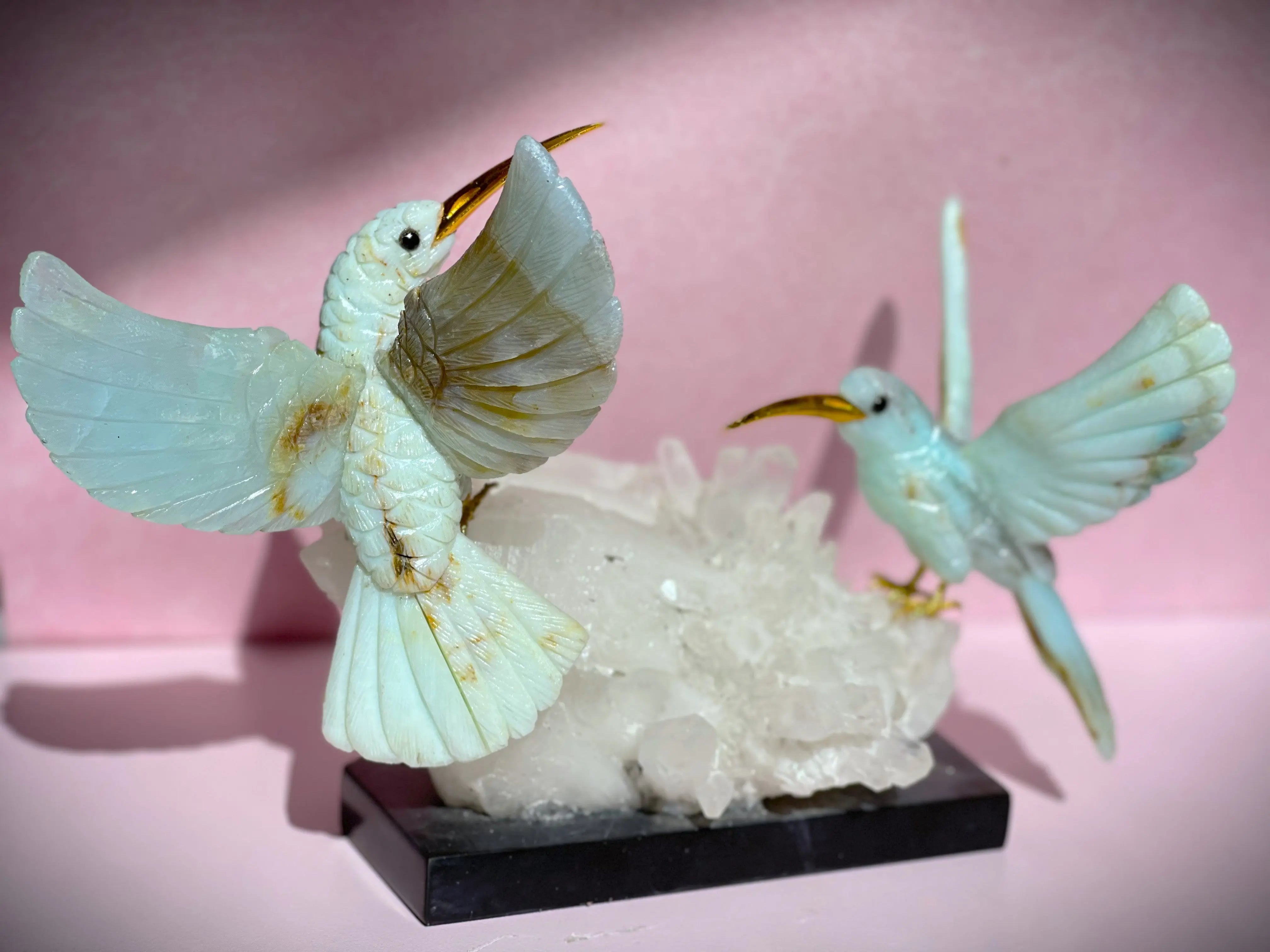 Dual Blue Opal Hummingbirds on Quartz Cluster