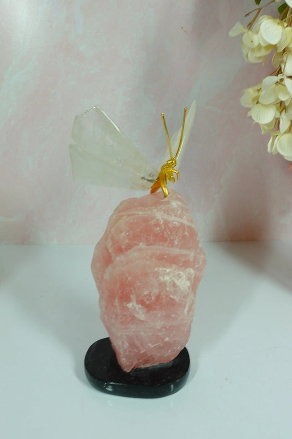 Clear Quartz Crystal Butterfly Carving On Rough Rose Quartz