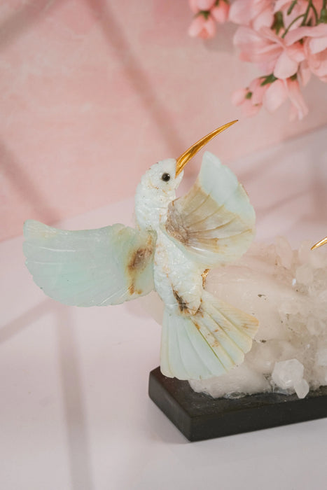 Dual Blue Opal Hummingbirds on Quartz Cluster