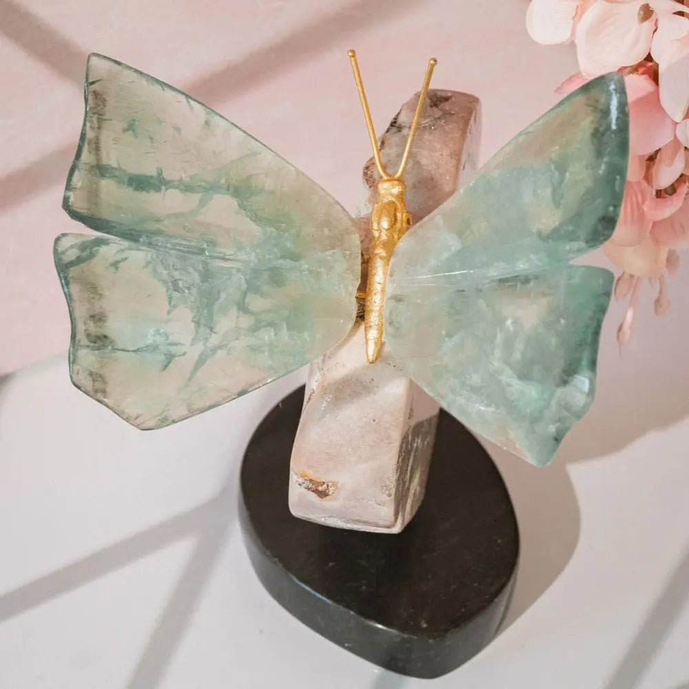 Green Fluorite Butterfly Sculpture on 360° Rotating Pink Amethyst Heart Base - Amethyst Goddess