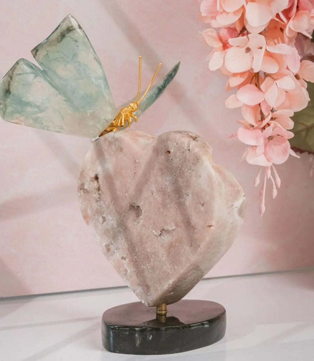 Green Fluorite Butterfly Sculpture on 360° Rotating Pink Amethyst Heart Base - Amethyst Goddess