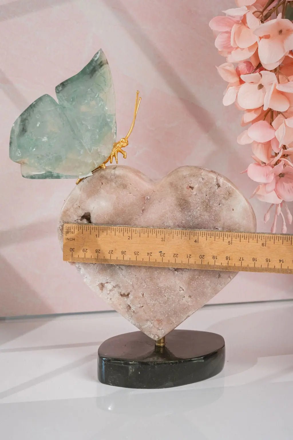 Green Fluorite Butterfly Sculpture on 360° Rotating Pink Amethyst Heart Base - Amethyst Goddess