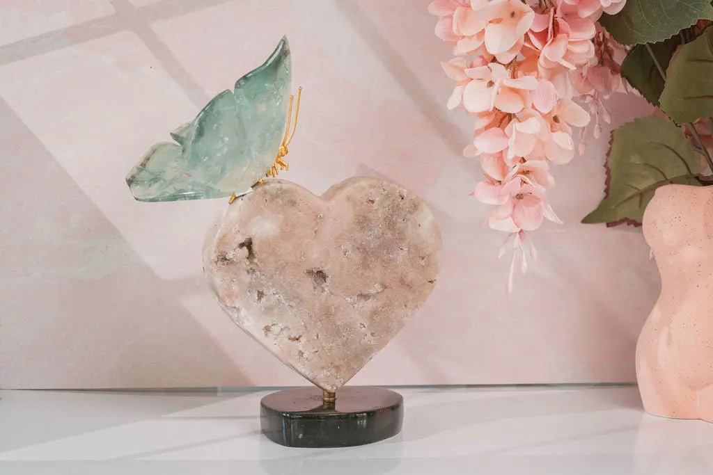 Green Fluorite Butterfly Sculpture on 360° Rotating Pink Amethyst Heart Base - Amethyst Goddess
