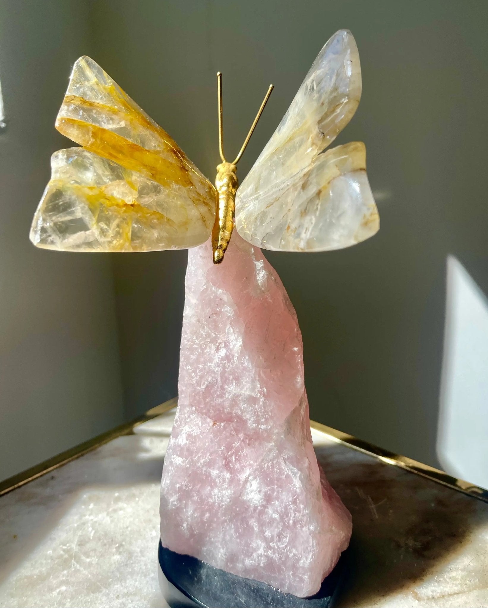 Golden Healer Quartz Crystal Butterfly Sculpture on Rose Quartz Base - Amethyst Goddess