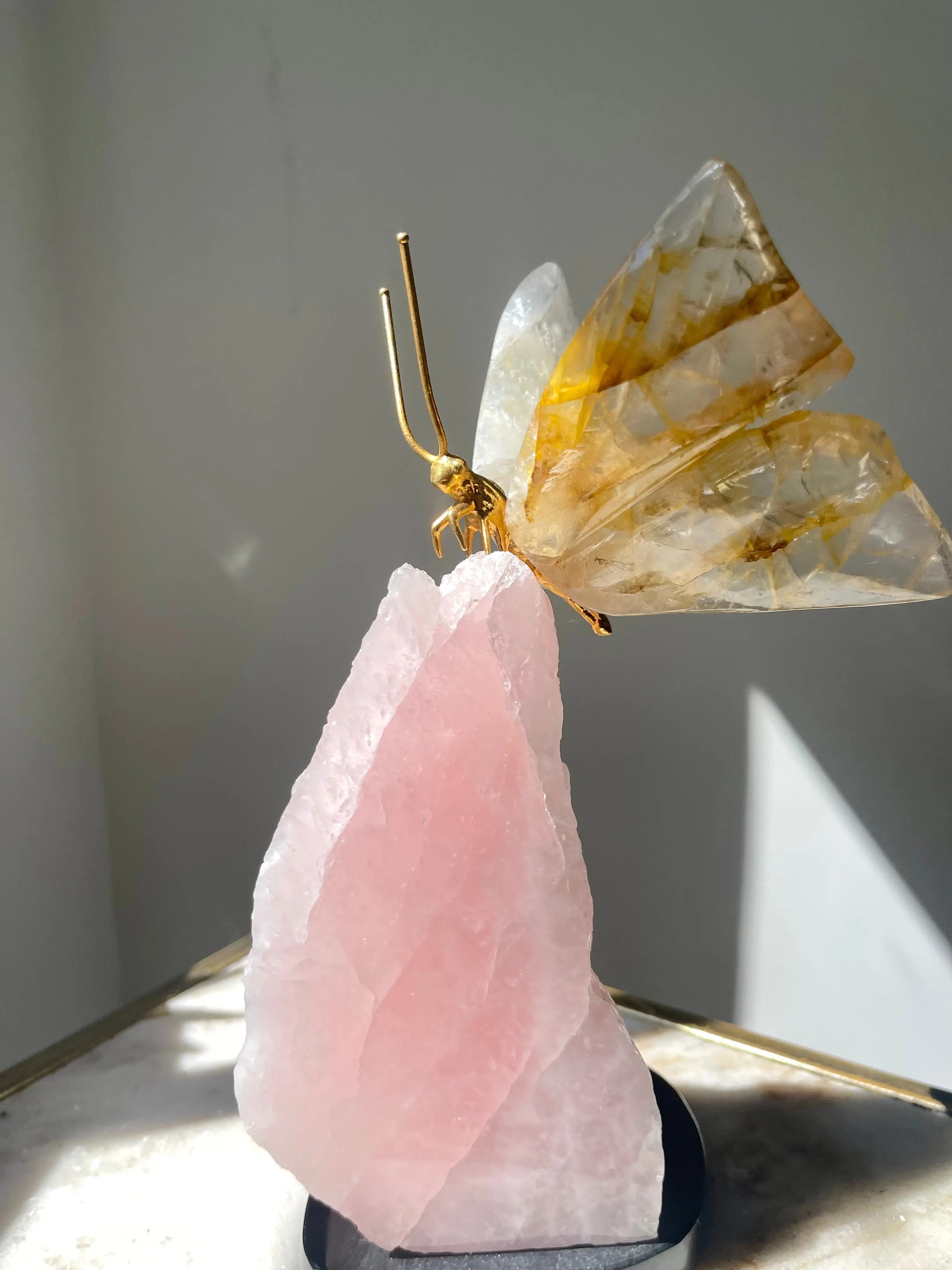 Golden Healer Quartz Crystal Butterfly Sculpture on Rose Quartz Base