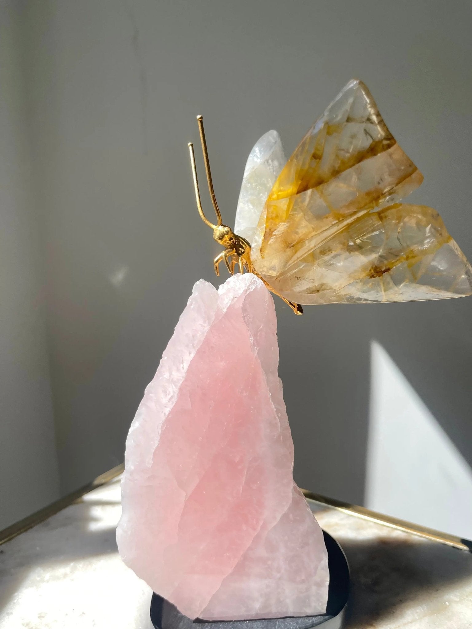 Golden Healer Quartz Crystal Butterfly Sculpture on Rose Quartz Base - Amethyst Goddess
