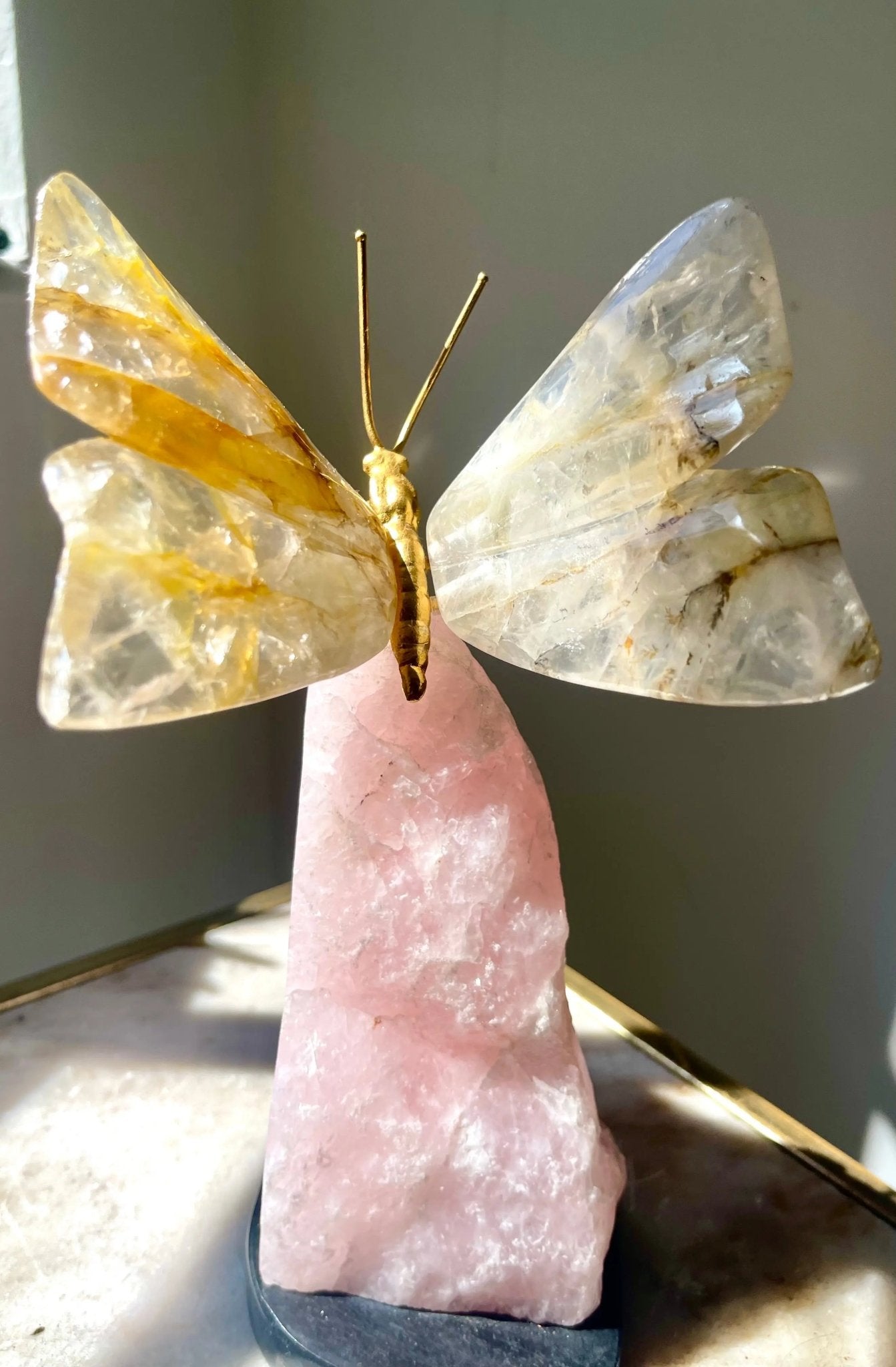 Golden Healer Quartz Crystal Butterfly Sculpture on Rose Quartz Base - Amethyst Goddess