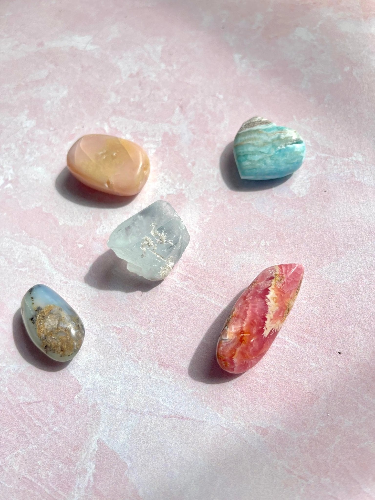 Serenity Tumblestone Mini Set: Pink & Blue Opal with Blue Aragonite Heart and Raw Aquamarine - Amethyst Goddess