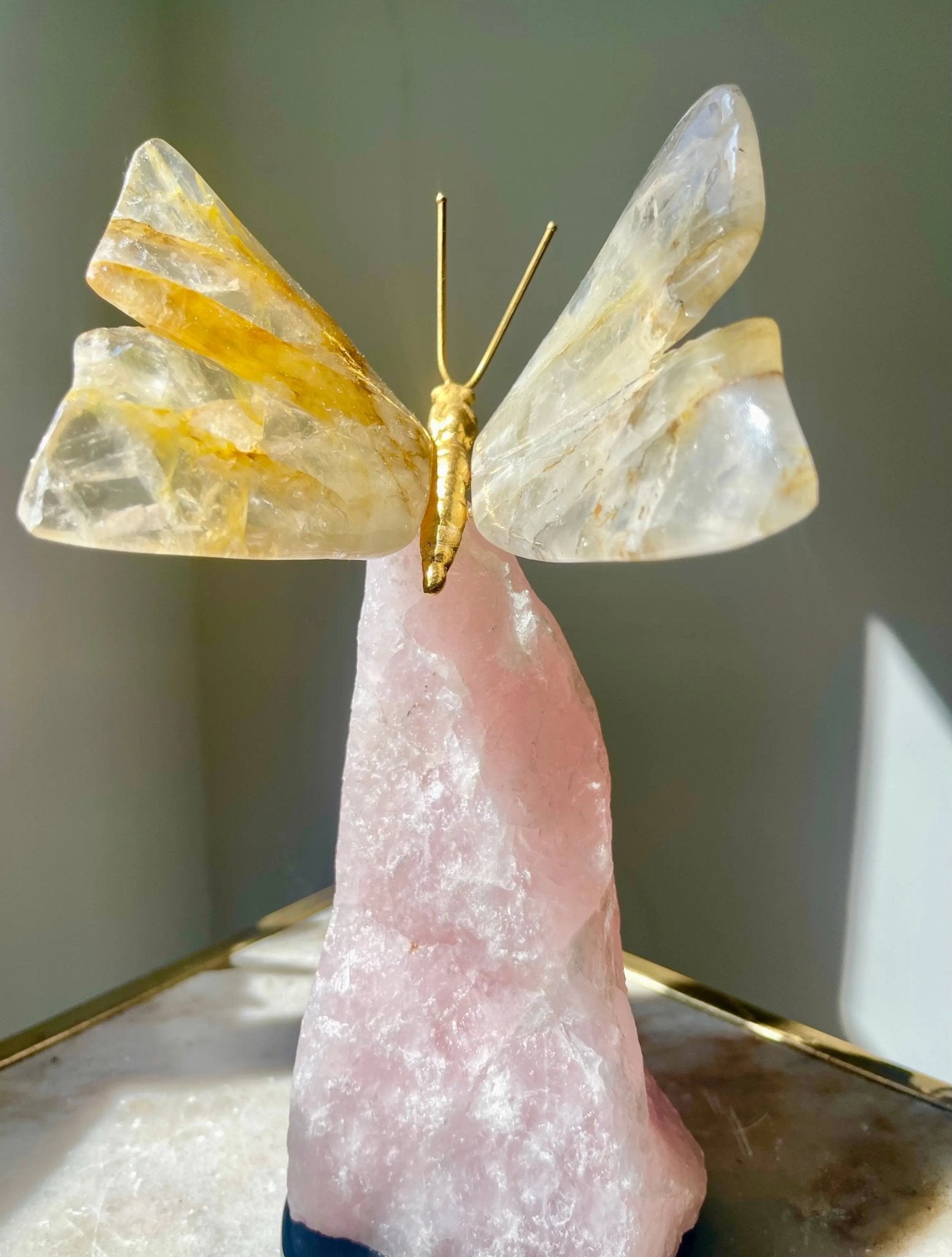 Golden Healer Quartz Crystal Butterfly Sculpture on Rose Quartz Base - Amethyst Goddess