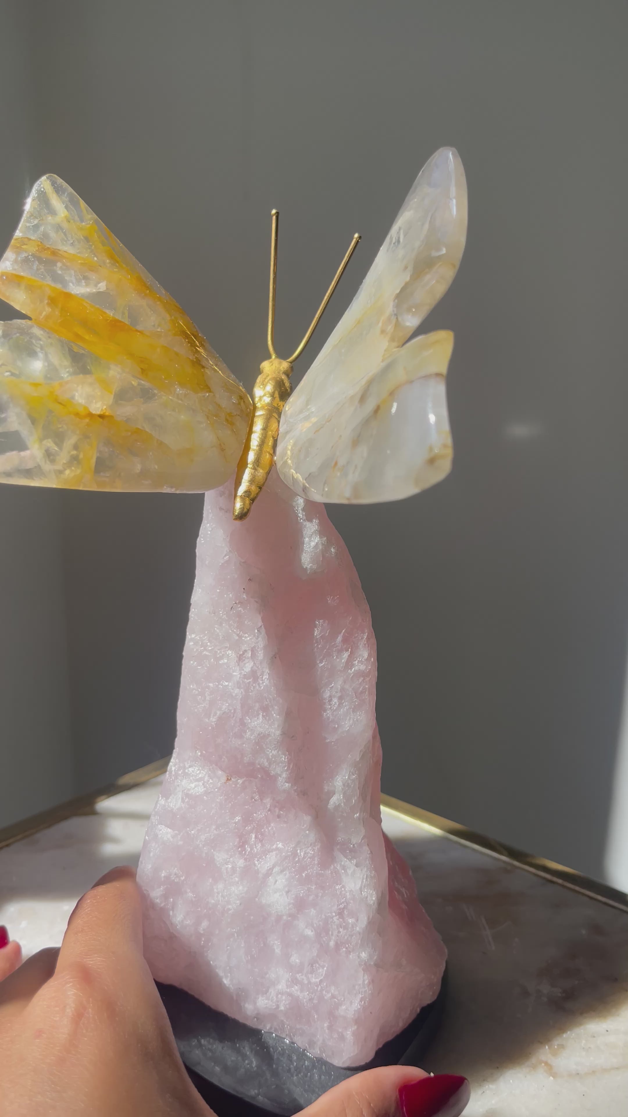 Golden Healer Quartz Crystal Butterfly Sculpture on Rose Quartz Base