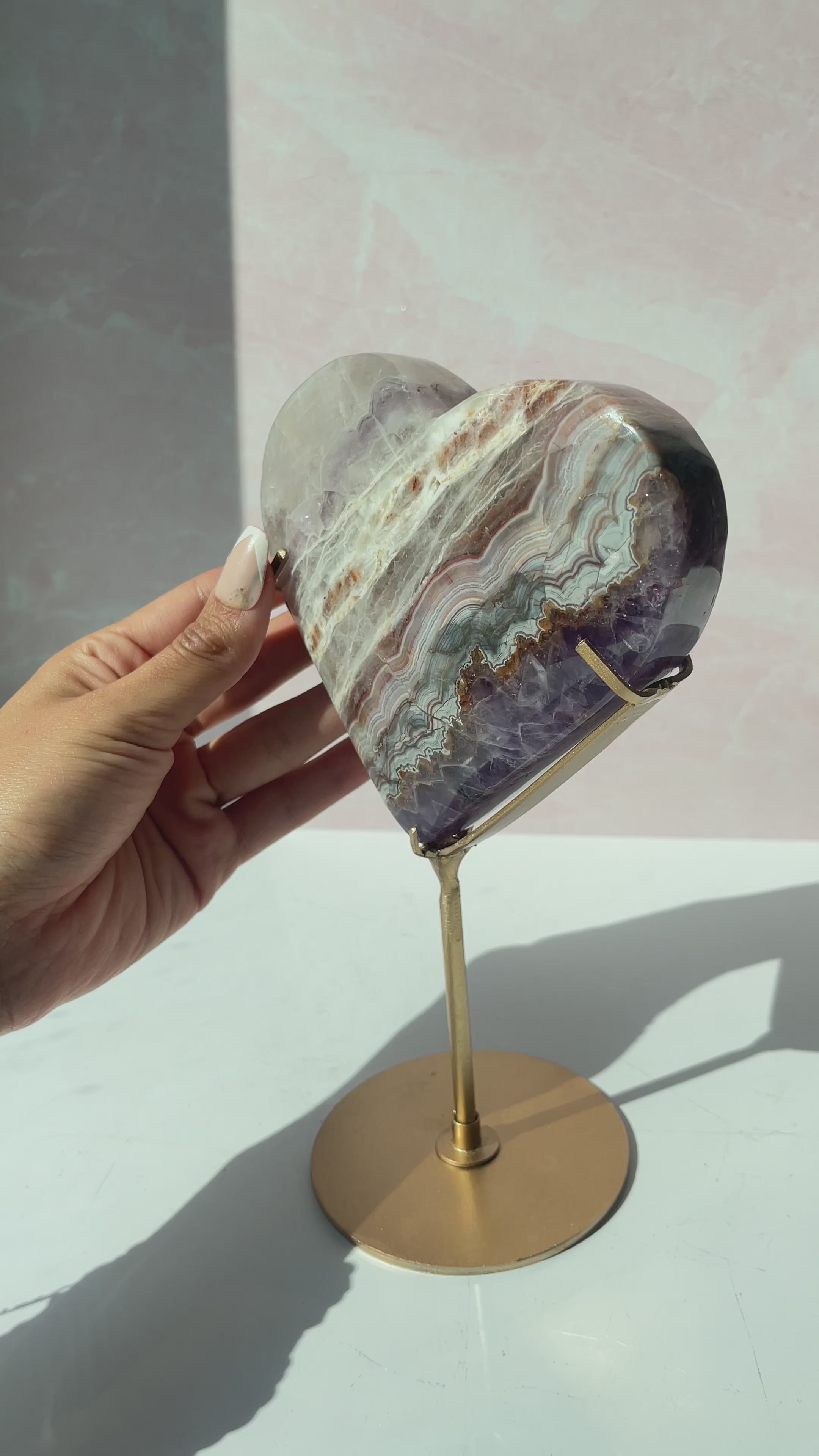 Chevron Amethyst Heart Crystal on Stand