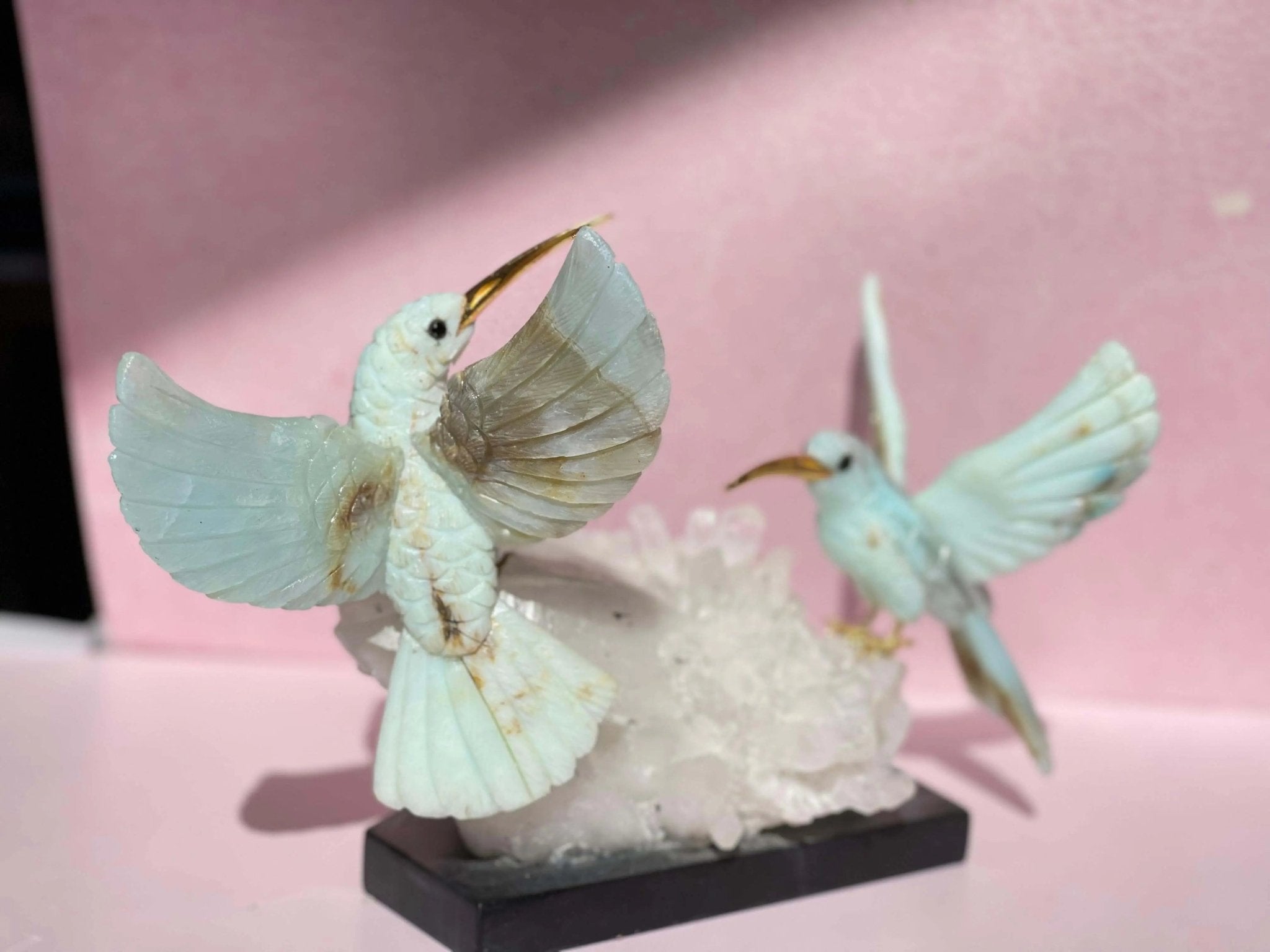 Harmony in Flight: Andean Blue Opal Hummingbird Sculpture on Quartz Base - Amethyst Goddess