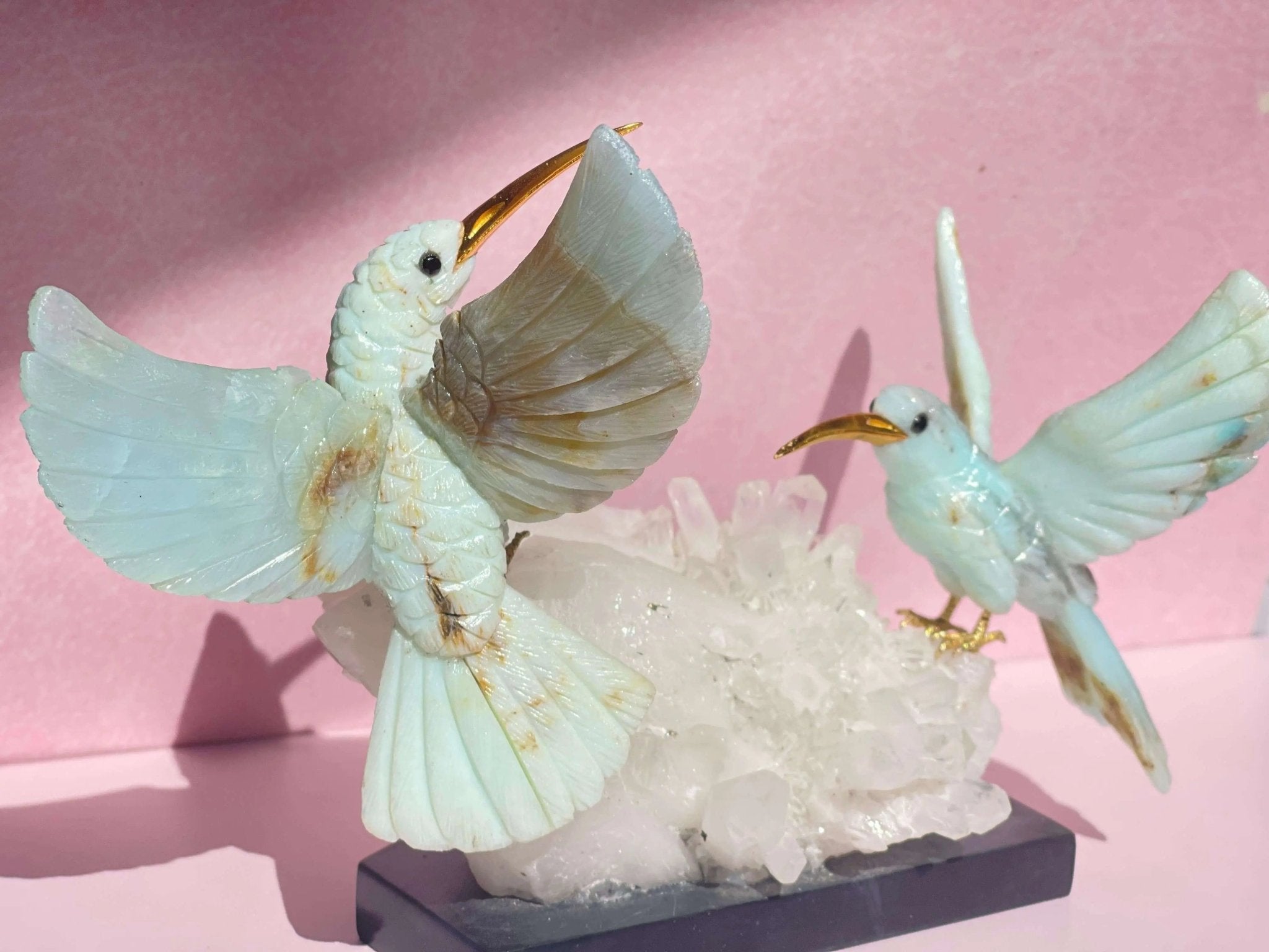 Harmony in Flight: Andean Blue Opal Hummingbird Sculpture on Quartz Base - Amethyst Goddess