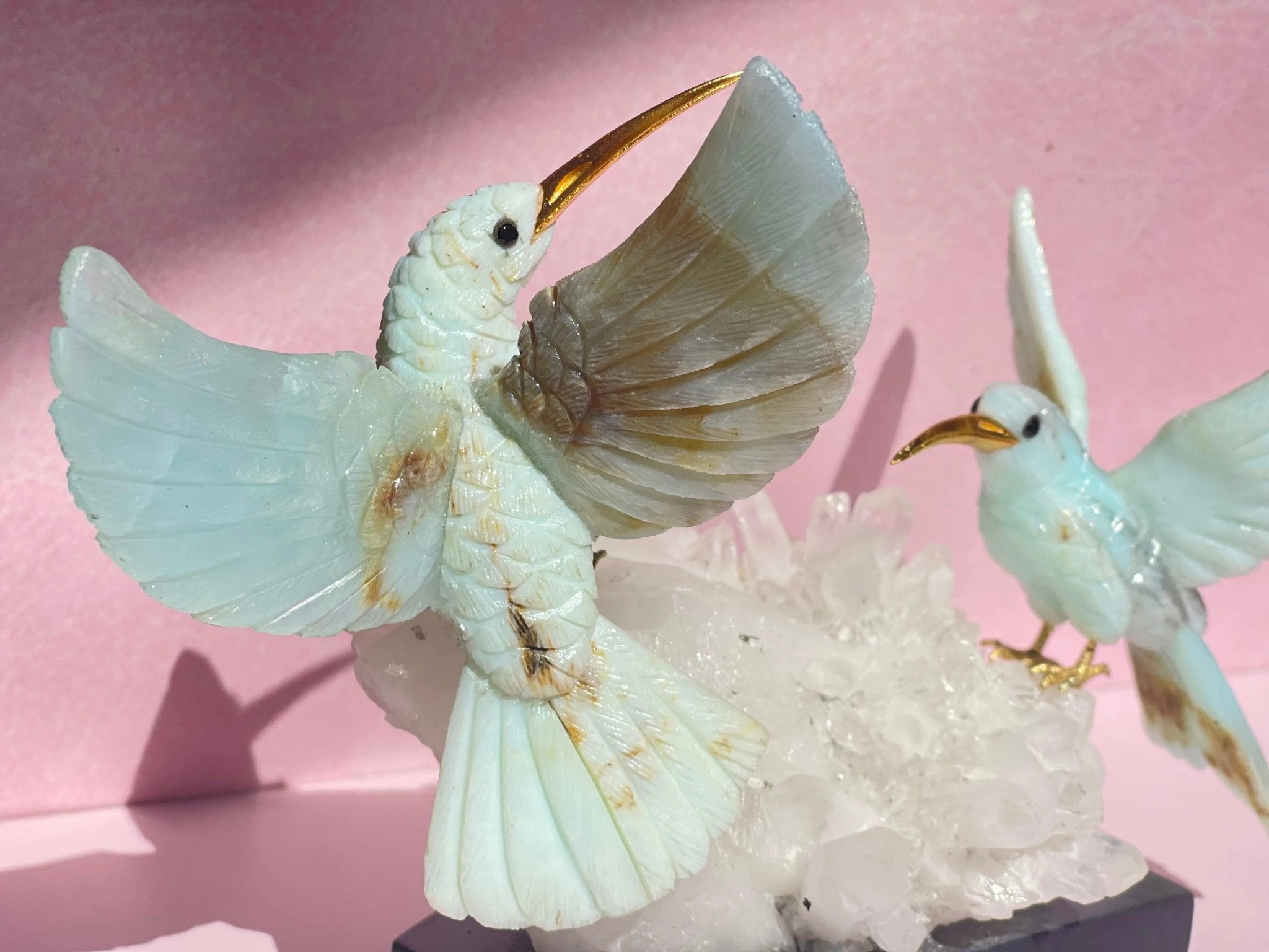 Harmony in Flight: Andean Blue Opal Hummingbird Sculpture on Quartz Base - Amethyst Goddess