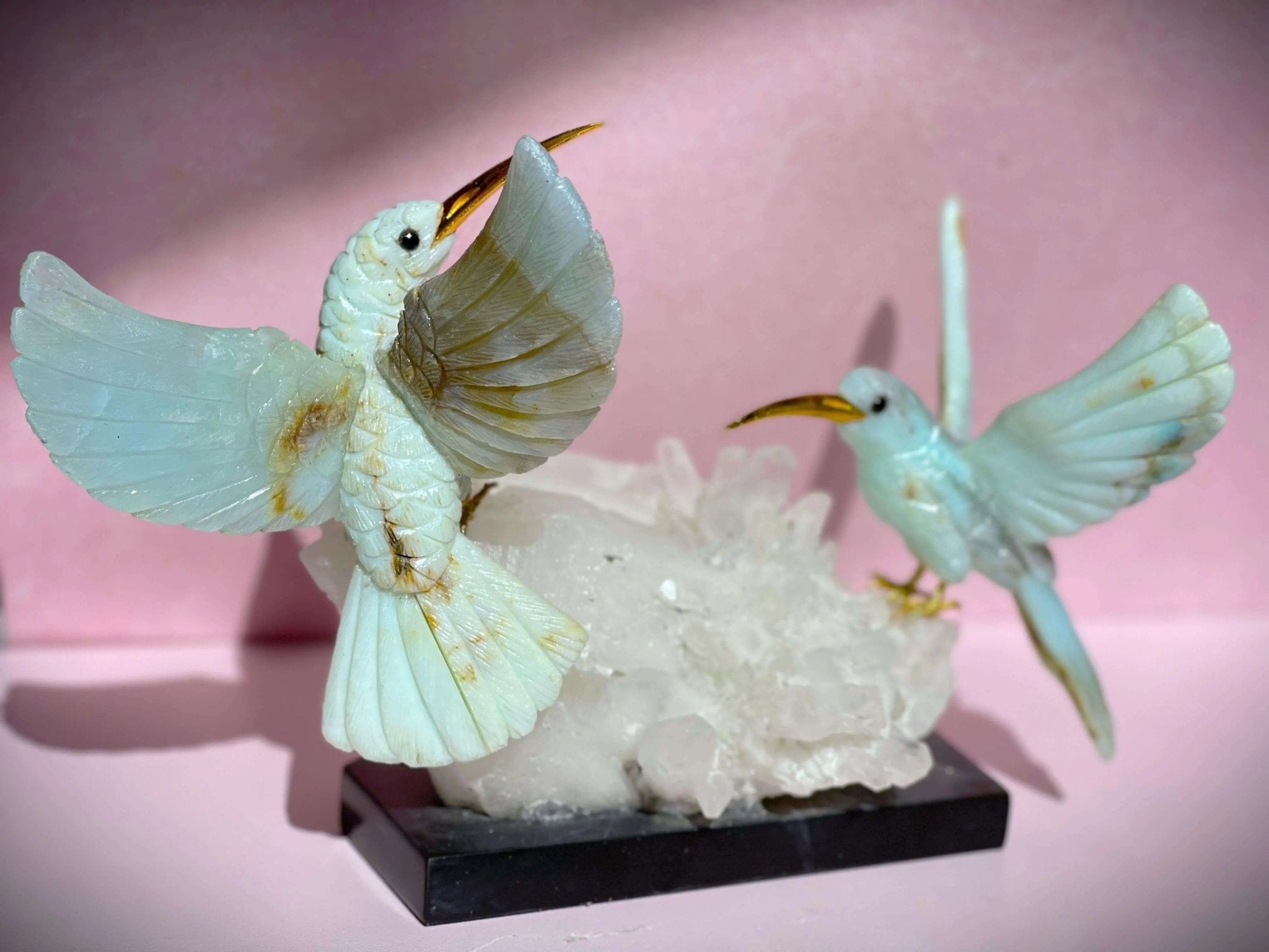 Harmony in Flight: Andean Blue Opal Hummingbird Sculpture on Quartz Base - Amethyst Goddess