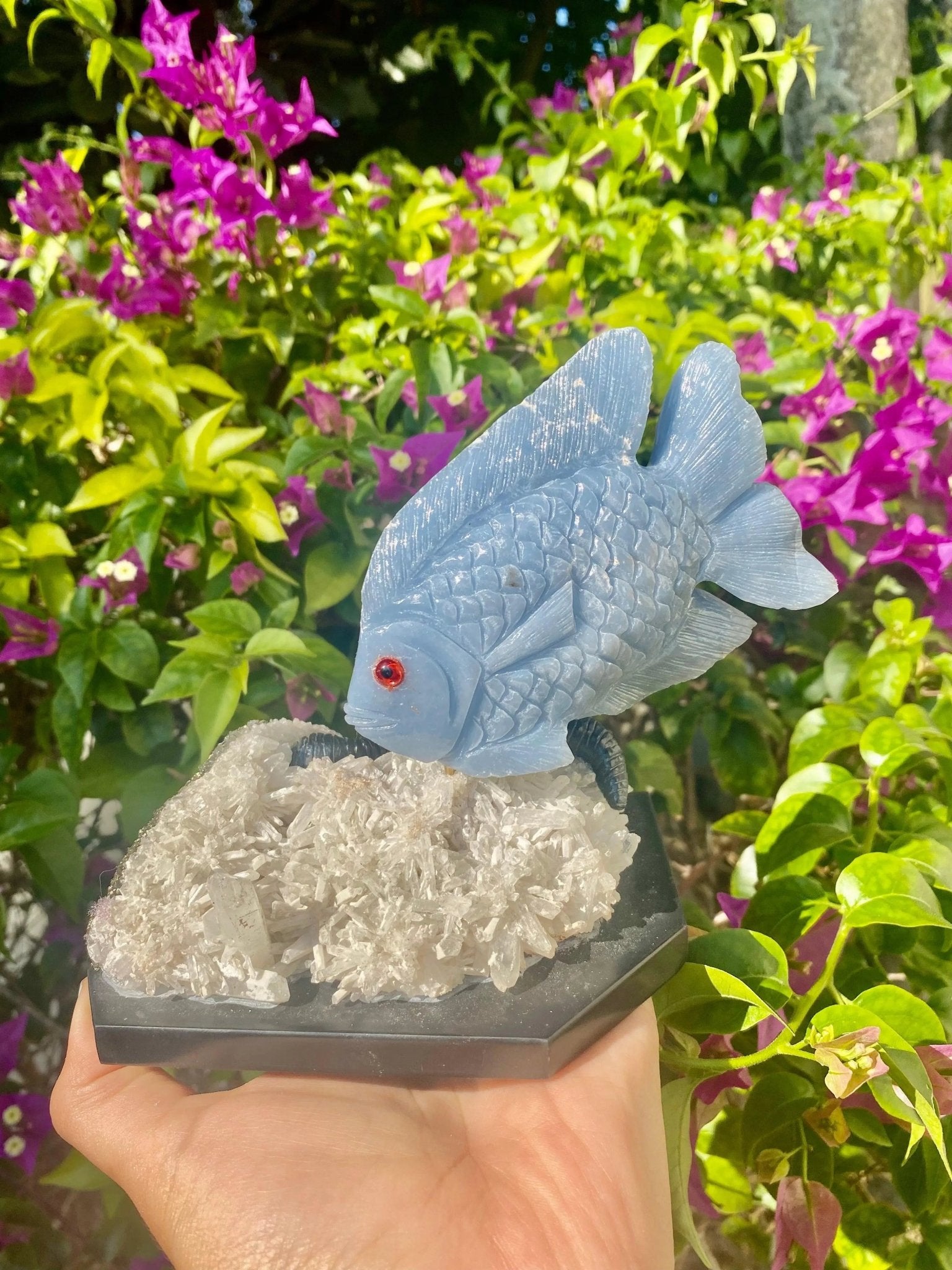Angelite Fish on Quartz Needle Base - Amethyst Goddess