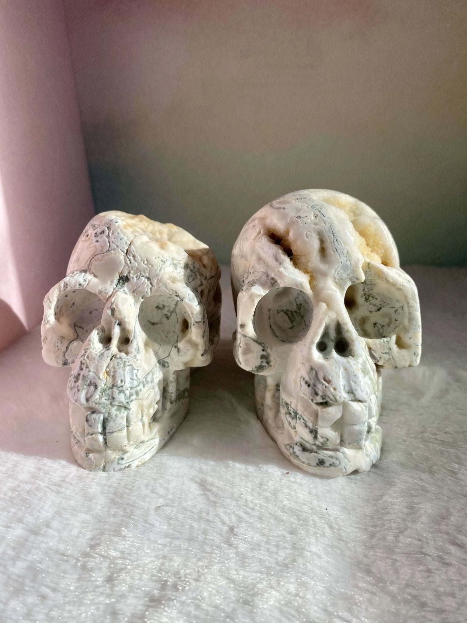 Moss Agate Skulls For Balance & Grounding - Amethyst Goddess
